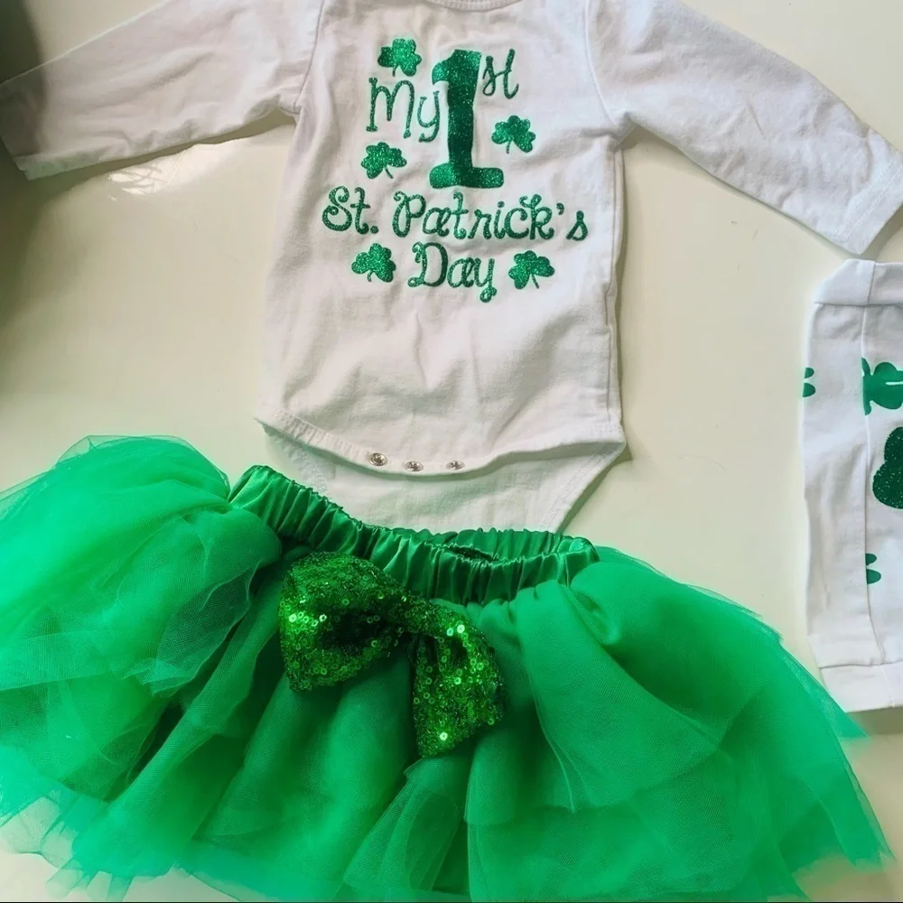 My first St Patrick’s Day green tutu bodysuit leg piece costume set photo outfit